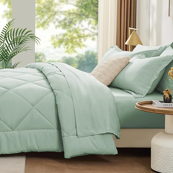 FUANNA 7 Pieces Queen Comforter Set, All Season Bed in a Bag Queen Size, Luxury Soft Bedding Sets with Comforter, Flat Sheet, Fitted Sheet, Pillowcases & Pillow Shams, Sage Green