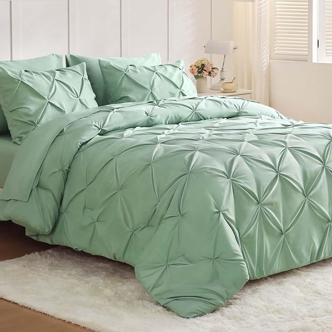 JOLLYVOGUE Full Size Comforter Sets 7 Pieces - Bed in a Bag Full for All Season, Pintuck Bedding Comforter Sets with Comforter, Flat Sheet, Fitted Sheet and Pillowcases & Shams, Sage Green