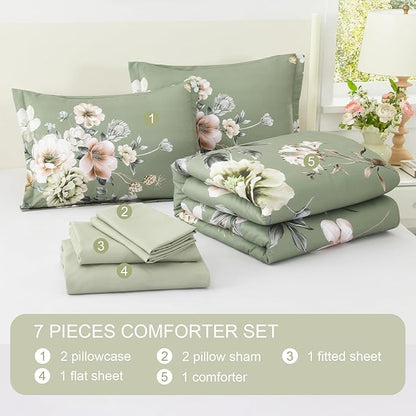 Floral King Size Comforter Set - 7 Piece Botanical Green Flower Bed in a Bag Ulter Soft Microfiber Bedding Set, Lightweight Bed Comforter Set with Sheets for All Season (Green, King)