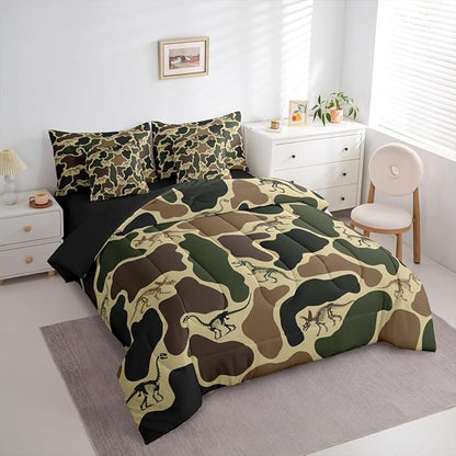 Erosebridal Dino Camouflage 7 Piece Bedding Set Twin Dark Green Camo Comforter Set with Sheets Dinosaur Skeleton Bed in a Bag Vintage Skeleton Rustic Bed Sets Comforter