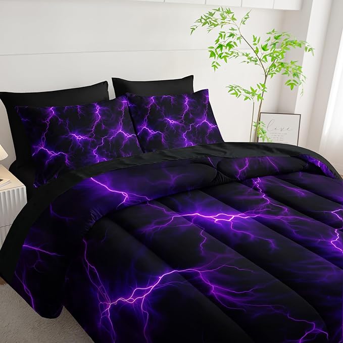 Violet Lightning Comforter Set King Thunder Bedding Sets 7PCS,Purple LightLight 7 Piece in A BagLight Violet Lightning Bedding Set 7 Piece in A Bag,Bed Sheet Set Abstract Decor All Seasons