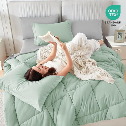 Sasttie Twin Comforter Set, 5 Pieces Reversible Bed in a Bag Twin, Complete Bedding Set Includes Comforter, Flat Sheet, Fitted Sheet, Pillowcase and Pillow Sham, Sage & Light Grey
