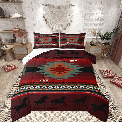 Feelyou Red Black Western Comforter Set Southwestern Aztec Toddler Size Bedding Set for Kids Boys Girls Western Horse Comforter Soft Microfiber Boho Geometric Bedroom Decor