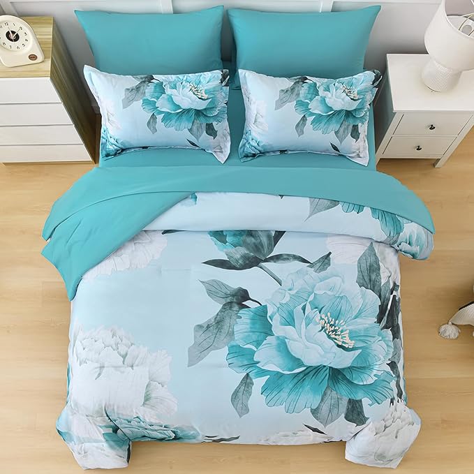 Dobuyly Floral Comforter Set King Size 7 Piece Bed in a Bag, Aqua Flowers on Light Blue Comforter Set with Sheets, Soft Microfiber Botanical Complete Bedding Set for All Season