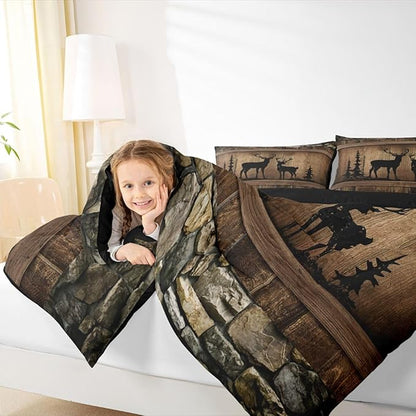 Erosebridal Hunting Deer Comforter Set Rustic Cabin Western Twin Bedding Sets for Boys Girls Kids Woodland Wildlife Print Comforter Farmhouse Wooden Stone Decor Quilt Duvet 2 Pcs