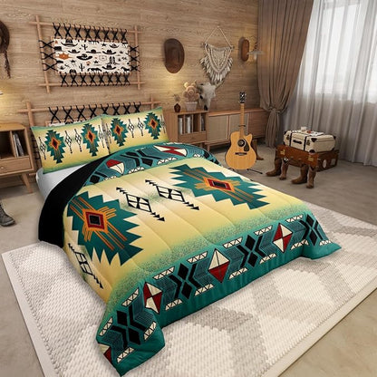 Erosebridal Boys Western Aztec Bedding Set Queen Size, Native Tribal Ethnic Comforter Set Farmhouse Boho Geometric Duvet Insert Southwestern Ethnic American Native Quilt for Adult Men,Green Yellow