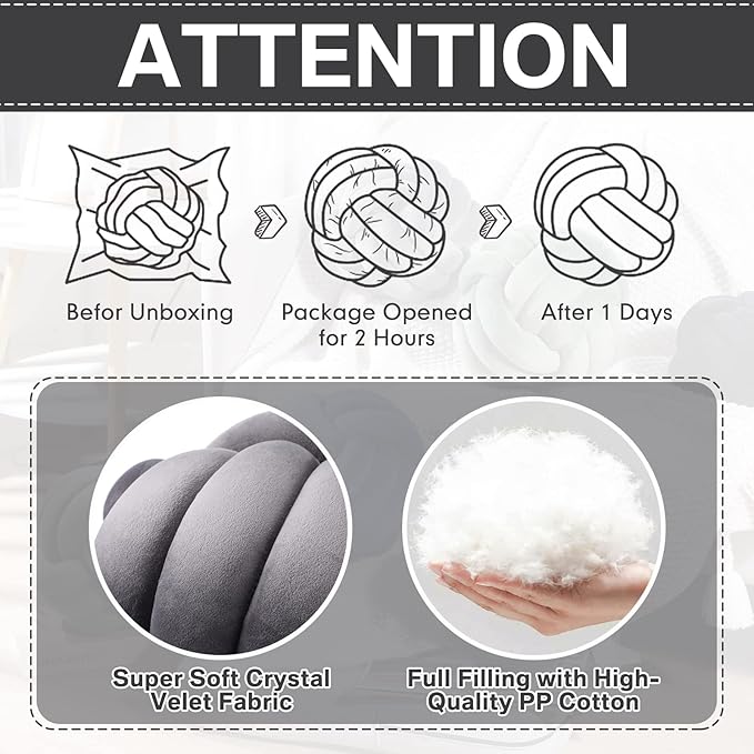 Namalu 2 Pcs Soft Knot Pillow Ball, Decorative Round Throw Knotted Pillows Cushion, Handmade Stuffed Ball Pillows for Winter Bedroom Sofa Couch Home Decor(10.6 Inches,Dark Gray)