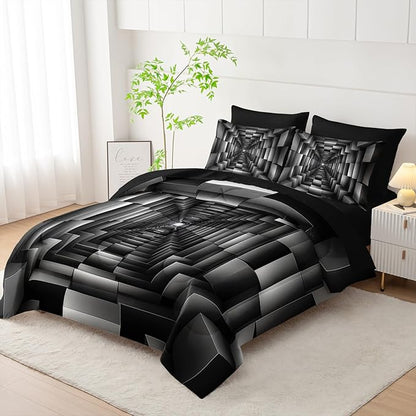 7 Piece Black and White Checkered Comforter Set Queen，Geometric Bedding Set Boys，Geometric Bedroom Decor，(1 Comforter, 1 Flat Sheet, 1 Fitted Sheet, 2 Pillowcase and 2 Pillow Sham)