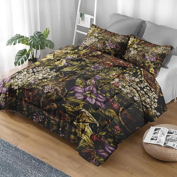 Comforter Set King Size, Moth Witch Retro Soft 3 Pcs Bedding for Kids and Adults, Vintage Flower Plants Comforter Set with 2 Pillowcases, for Bedroom Bed Decor