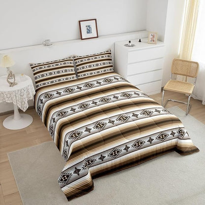 Erosebridal Rustic Lodge Cabin Comforter Set Toddler Western Boho Bedding Sets Bohemian Striped Aztec Quilt Comforter for Kids Adults Men Retro Brown Country Bed Set Farmhouse Home Decor 2 Pcs