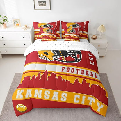 Erosebridal Football 7 Pcs Comforter Set Queen Football Fans Bedding for Kids Footballs City Sheet Set Bed in A Bag Red Yellow Rugby Competition Room Decor Sports Ball Game Bed Set