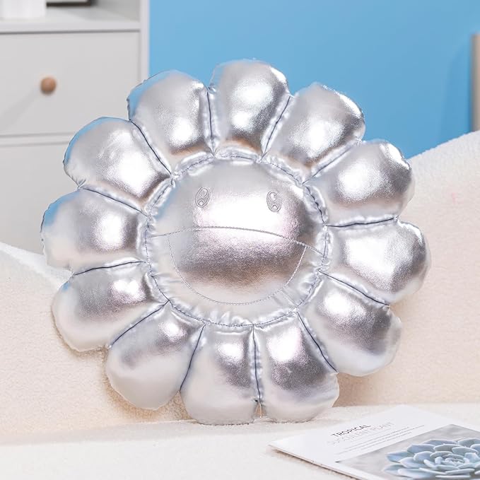FIONOUT Silver Flower Pillow,16.53" Sunflower Plush Pillows for Bedroom Aesthetic, Soft Smiley Face Pillow Flower Floor Cushion,Cute Daisy Plush for Room Decor