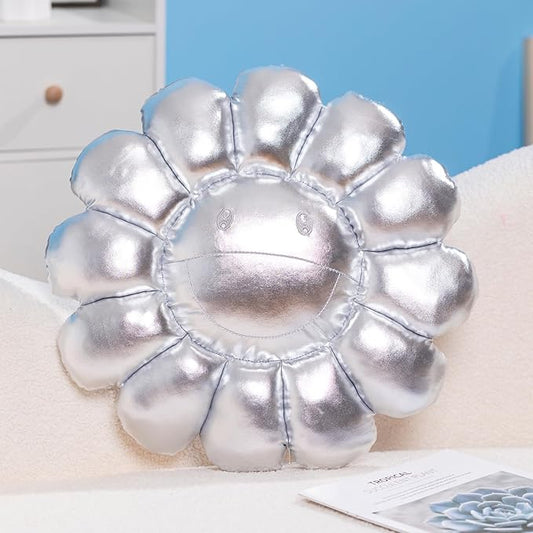 FIONOUT Silver Flower Pillow,16.53" Sunflower Plush Pillows for Bedroom Aesthetic, Soft Smiley Face Pillow Flower Floor Cushion,Cute Daisy Plush for Room Decor