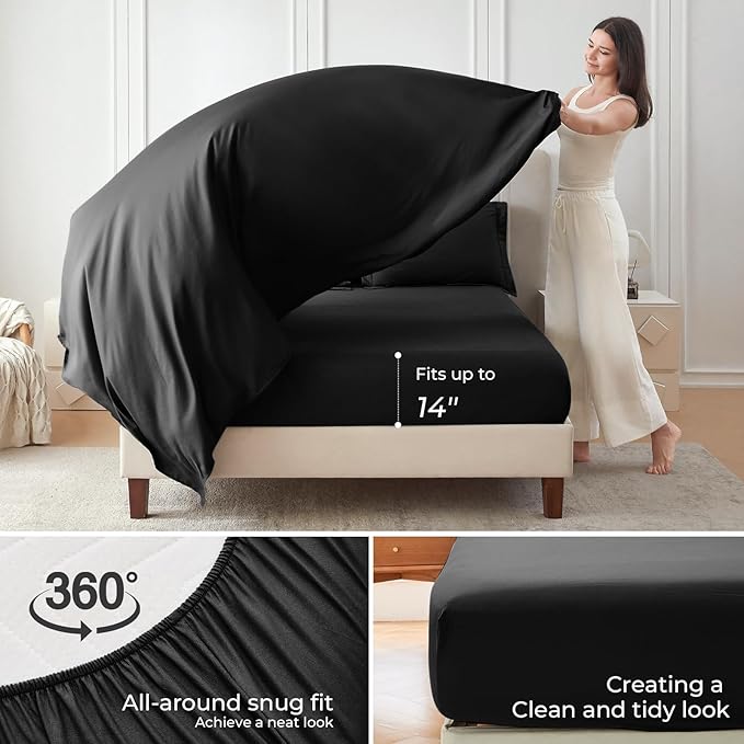 Sasttie Queen Comforter Set, Black 7 Pieces Bed in a Bag Queen, Complete Bedding Set Includes Comforter, Flat Sheet, Fitted Sheet, Pillowcases and Pillow Shams, Black