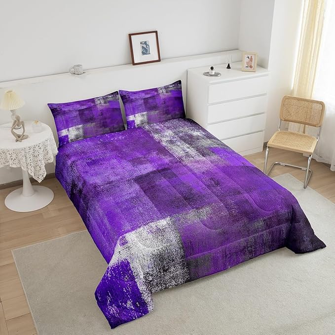 Oil Painting Comforter Set for Kids Boys Girls,Purple Grey Bedding Set,Watercolor Ombre Bedding Comforter Sets,Contemporary Abstract Artwork Duvet Insert with 2 Pillowcases Bedroom Decor,Full