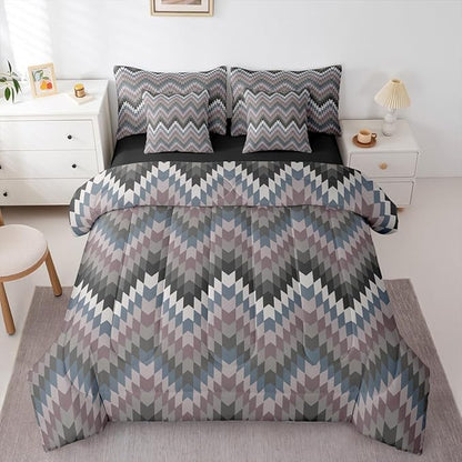 Erosebridal Aztec Geometric Bed in A Bag Full 7 Pcs Farmhouse Western Comforter Set for Kids Boys Girls Country Native American Bedding Sets Black Grey Ethnic Aesthetic Sheet Set with Comforter