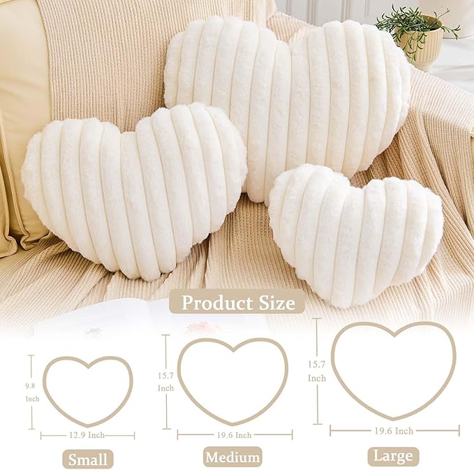Heart Pillows Heart Decorative Pillow Soft Fluffy Heart Shaped Ivory Throw Pillows with Faux Rabbit Fur Aesthetic Room Decor Cute Pillow for Valentines Mother's Day