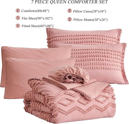 Blush Pink Tufted Comforter Set Queen Size 7 Piece Bed in a Bag, Shabby Chic Boho Comforter and Sheet Set, Pom Pom Textured Bed Set, All Season Soft Microfiber Complete Bedding Set(Pink,Queen)