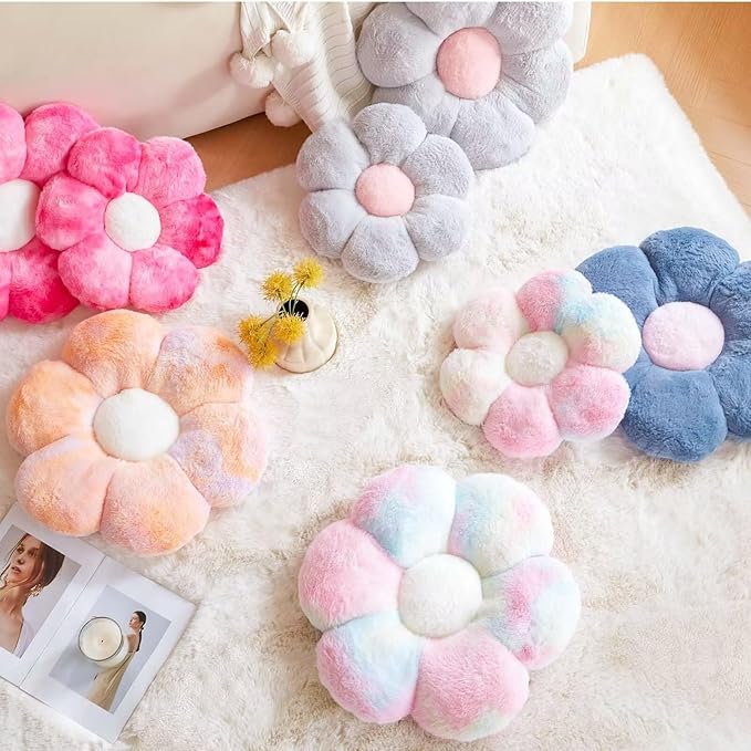 Flower Pillow Cute Decorative Throw Pillow with Faux Rabbit Fur Soft Daisy Plush Floor Cushion Aesthetic Flower Shaped Pillow Home Decor for Bed Sofa Couch (Dusty Blue, 14.9 Inch)