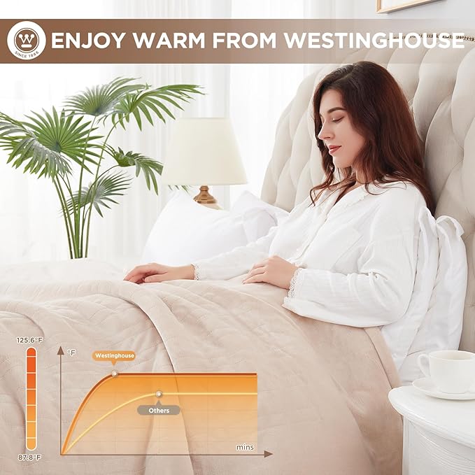 Westinghouse Heated Blanket, Electric Throw Blanket with 10 Heating Levels, 12 Hours Auto Off, Overheat Protection, Machine Washable, Flannel (Twin, 62x84 Inches, Beige)