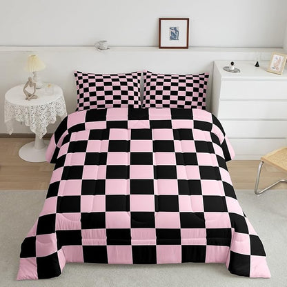Feelyou Checkered Bedding Set Teen Women Men Pink Black Plaid Comforter Set Twin Size Kids Boys Girls Cute Retro Neutral Checkerboard Geometric Duvet Insert Vintage Aesthetic Room Decor