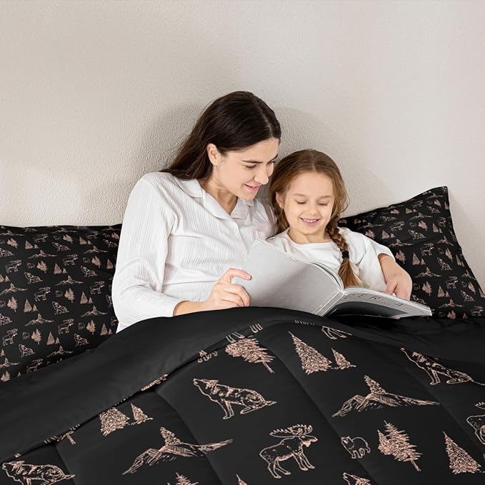 Erosebridal Woodland Animals Comforter Set King Size Bear Deer Wolf Hunting Theme Bedding Set for Kids Child | Rustic Cabin Lodge Decor Duvet Insert Farmhouse Wildlife Mountain Black Brown Quilt