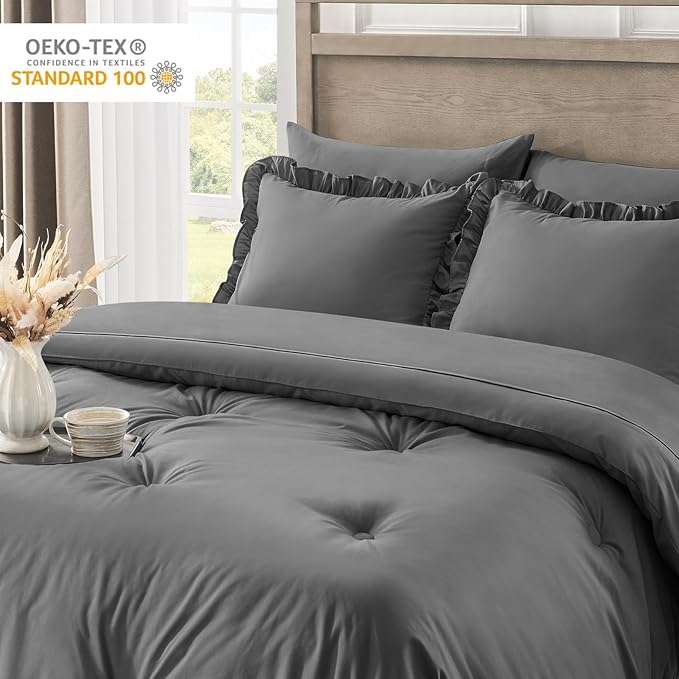 QUIETSEA King Size Bed in a Bag 7 Pieces King Size Comforter Set, Ruffle Shabby Chic Bedding Comforter Set Dark Grey Bed Set with Comforter, Pillowcases, Flat Sheet, Fitted Sheet and Pillow Shams