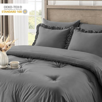 QUIETSEA Full Bed in a Bag 7 Pieces Full Size Comforter Set, Ruffle Shabby Chic Bedding Comforter Set Dark Grey Bed Set with Comforter, Pillowcases, Flat Sheet, Fitted Sheet and Pillow Shams