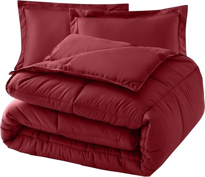 Elegant Comfort 3-Piece Box Stitched Down Alternative Comforter with Shams - Ultra Soft for All Season Duvet Insert with Corner Tabs, Plush Cozy 3PC Comforter Set, Twin, Burgundy