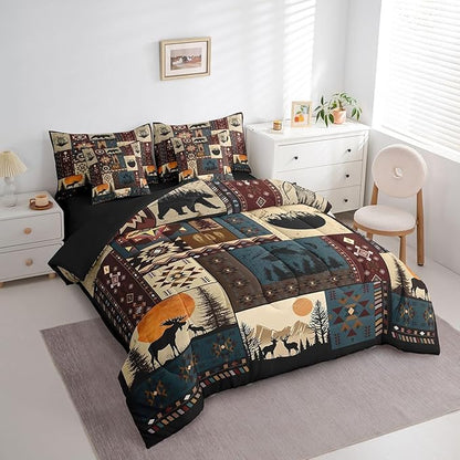 Erosebridal Bohemian Deer 7 Piece Bedding Sets King Bear Wildlife Hunting Theme Comforter Set Cabin Decor Buffalo Plaid Grid Bed in a Bag for Teens Retro Boho Xmas Pine Tree Sheets Geometric Quilt