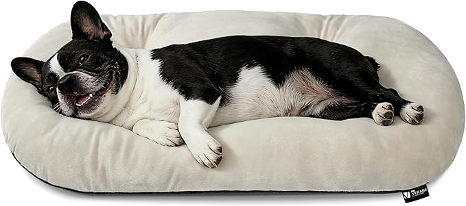 Durable & Washable Dog Bed for Small Medium Dogs & Cats, Plush Faux Silver Fox Fur Oval Bed with Non-Slip Bottom & Supportive Pad, 29”x18” Beige