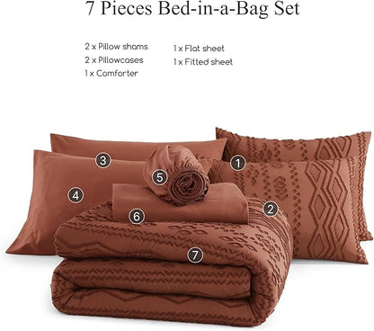 Full Size Comforter Set Autumn Leaf, Tufted Boho Bedding Farmhouse Bed Set, All Season 7 Pieces Bed in a Bag with Sheets, Pillowcases & Shams