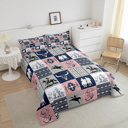 Southwestern Comforter Set Queen Size,Navy Blue Pink Plaid Patchwork Bedding Set 3Pcs,Cowboy Cow Skull Cactus Quilt Set for Boys Girls Men Room Decor,Vintage Rustic Duvet Insert,2 Pillowcases