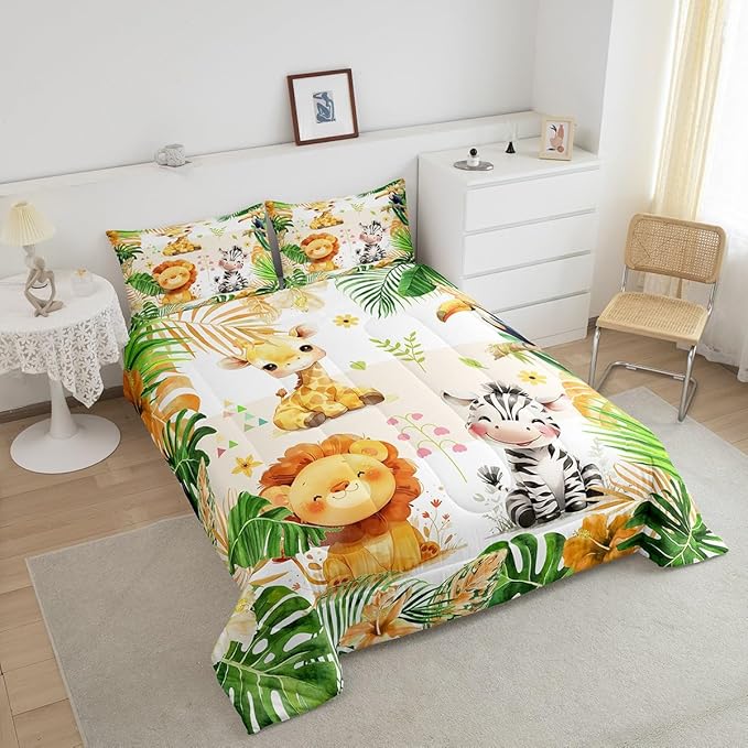 jejeloiu Kids Zoo Animal Bedding Set Queen Size Cute Animal Comforter Set for Boys Girls Teens Lion Giraffe Elephant Duvet Set Tropical Leaves Quilt Set 3Pcs