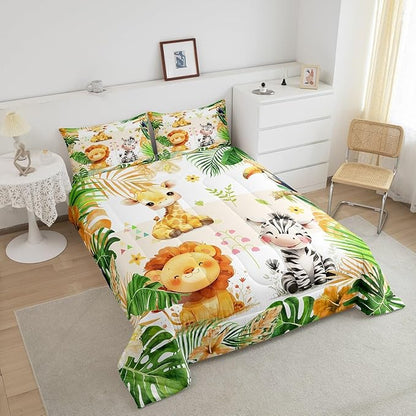 jejeloiu Kids Zoo Animal Bedding Set Queen Size Cute Animal Comforter Set for Boys Girls Teens Lion Giraffe Elephant Duvet Set Tropical Leaves Quilt Set 3Pcs