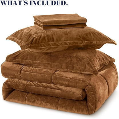 PHF Double-Sided Velvet Comforter Set King Size, 5 Piece Soft Luxury Winter Warm Bedding Sets, Modern Bed in A Bag Including 1 Cozy Comforter, 2 Pillow Shams, 2 Euro Shams for Home Decor, Camel