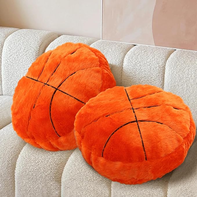 Basketball Pillow, 2 Pcs Basketball Plush Pillow Soft Fluffy Round Stuffed Sports Throw Pillows, Basketball Shaped Decorative Throw Pillow for Sofa, Bedroom, Sports Room, Home Decor Gifts 15.7"