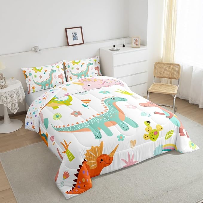 jejeloiu Kids Cartoon Dinosaur Bedding Set King Size Cute Dinosaur Comforter Set for Boys Girls Teens Cute Flower Duvet Set Animal Quilt Set 3Pcs