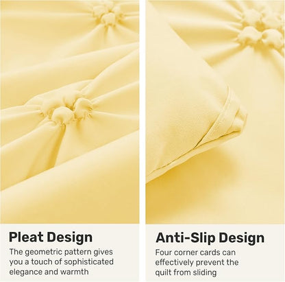 UNIKOME Queen Comforter Set Yellow - Ultra Soft Boho Pintuck Down Alternative Bedding Set for All Seasons, 3 Pieces Lightweight Warm Pinch Pleat Bed Set with Comforter, 2 Pillowcases