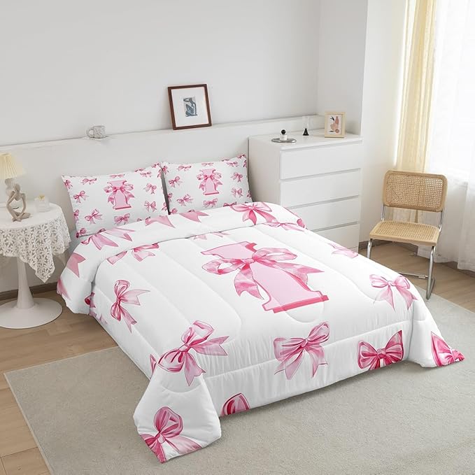 Erosebridal Initial Letter I Comforter Set for Kids,Dreamy Princess Bow Girls Toddler Bedding Set Cute Kawaii Bowknot Bedding Comforter Sets Girly Lovely Letter Bow Bed Set with 1 Pillow Case