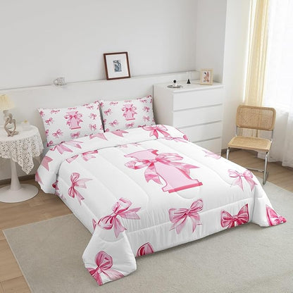 Erosebridal Initial Letter I Comforter Set for Kids,Dreamy Princess Bow Girls Twin Bedding Set Cute Kawaii Bowknot Bedding Comforter Sets Girly Lovely Letter Bow Bed Set with 1 Pillow Case