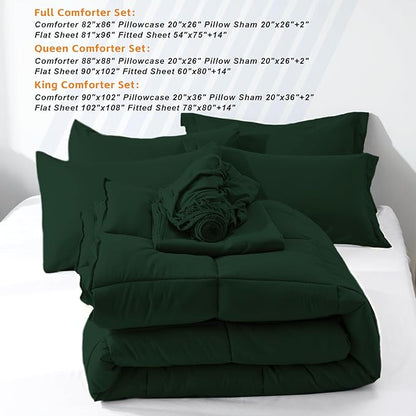 COZYART Full Comforter Set 7 Pcs, Deep Green Bed in a Bag, All Season Lightweight Soft Reversible Bedding Set, 1 Comforter, 1 Flat Sheet, 1 Fitted Sheet, 2 Pillow Shams, 2 Pillowcases