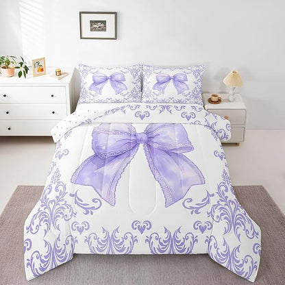 jejeloiu Girls Pretty Ribbon Purple Bow Bedding Set Toddle Size Purple Damask Comforter Set for Kids Women Cute Bow Duvet Set Princess Quilt Set 2Pcs