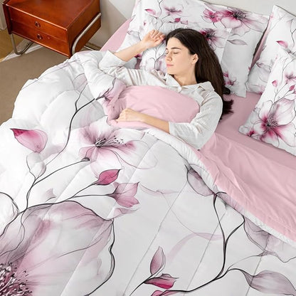 Erosebridal Pink Floral 7 Pcs Bedding Set Twin, Elegant Boho Flower Comforter Set with Sheets for Young Women Adults Girls, Watercolor Flower Bed in A Bag, Ink Painting Style Blossom & Leaf Bed Sets