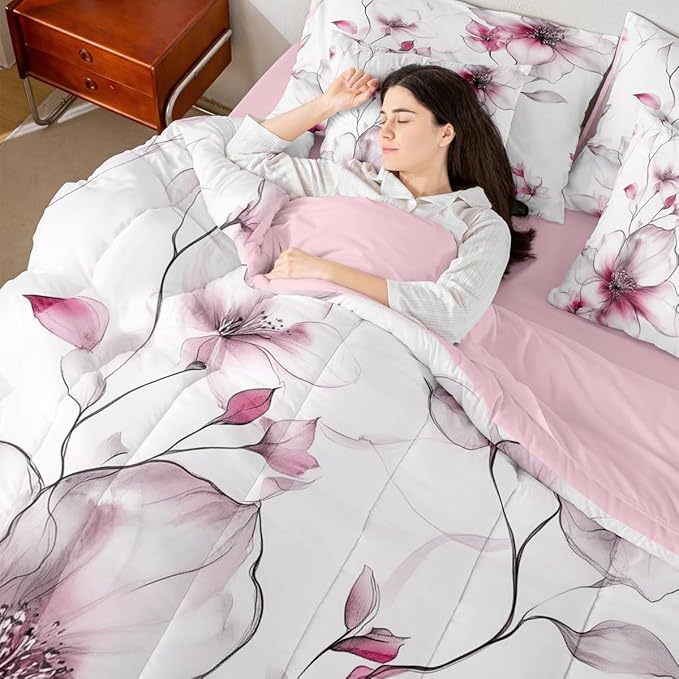 Erosebridal Pink Floral Comforter Set with Sheets King, Elegant Boho Flower 7 Pcs Bedding Set for Young Women Adults Girls, Watercolor Flower Bed in A Bag, Ink Painting Style Blossom & Leaf Bed Sets
