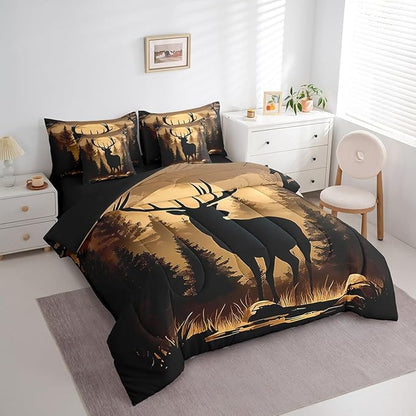 Erosebridal 7 Pieces Deer Silhouette Bedding Set Queen Size for Men - Woodland Hunting Deer Comforter Set with Sheets for Kids Boys Girls Rustic Farmhouse Cabin Bed in A Bag Brown Black Animal Decor