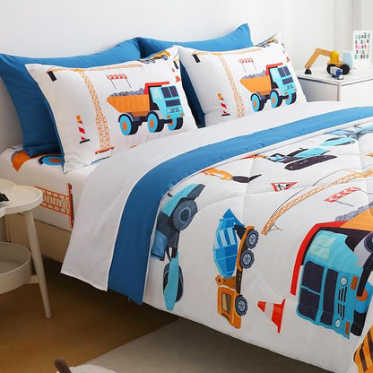 7 Pieces Boys Comforter Set Queen Size Excavator Bedding Set Cartoon Car Kids Bed in a Bag Construction Truck Bedding for Children Kids Boys Teens for Birthday Choice