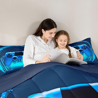 Gamer Comforter Set King Size,Blue Headphones Musical Design Games Gamepad Bedding Set for Kids Boys Video Game Room Decor Retro Playing Gamer Down Comforter Gaming Controller Quilted Duvet Set