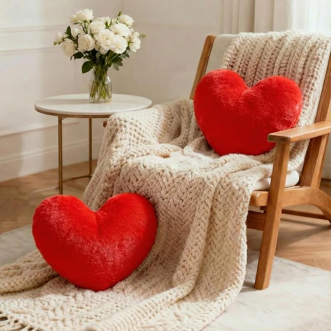 Nydotd Heart Pillows Cute Fuzzy Throw Pillow Red Love Heart Shaped Decorate Pillows for Bed Livingroom Sofa Gifts Home Decor Cushion Small 11.8" x 10"