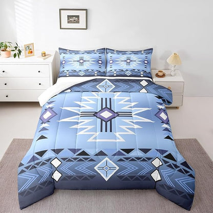 Blue Aztec Tribal Arrow Stripes Comforter Set King Size,Southwestern Bedding Set for Kids Girls Boys Adult Room Decor,Rustic Farmhouse Quilt Set Vintage Cowboy Duvet Insert,2 Pillowcases